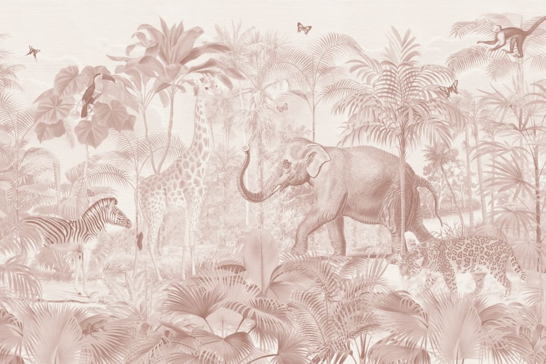 Pink Asian Jungle Animals Watercolor Mural