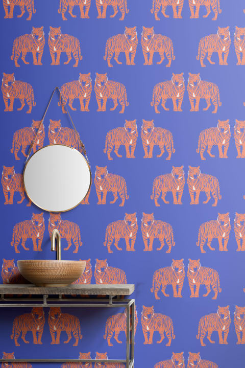 Blue Big Cat Tiger Roar Repeat Pattern Wallpaper