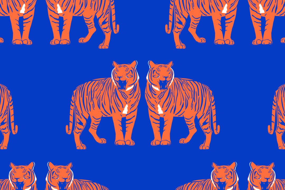 Blue Big Cat Tiger Roar Repeat Pattern Wallpaper