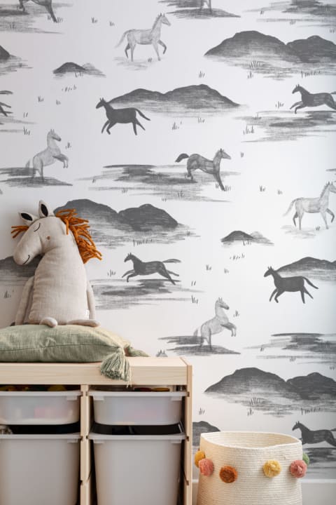 Gray Wild Horse Sketch Pattern Wallpaper Mural