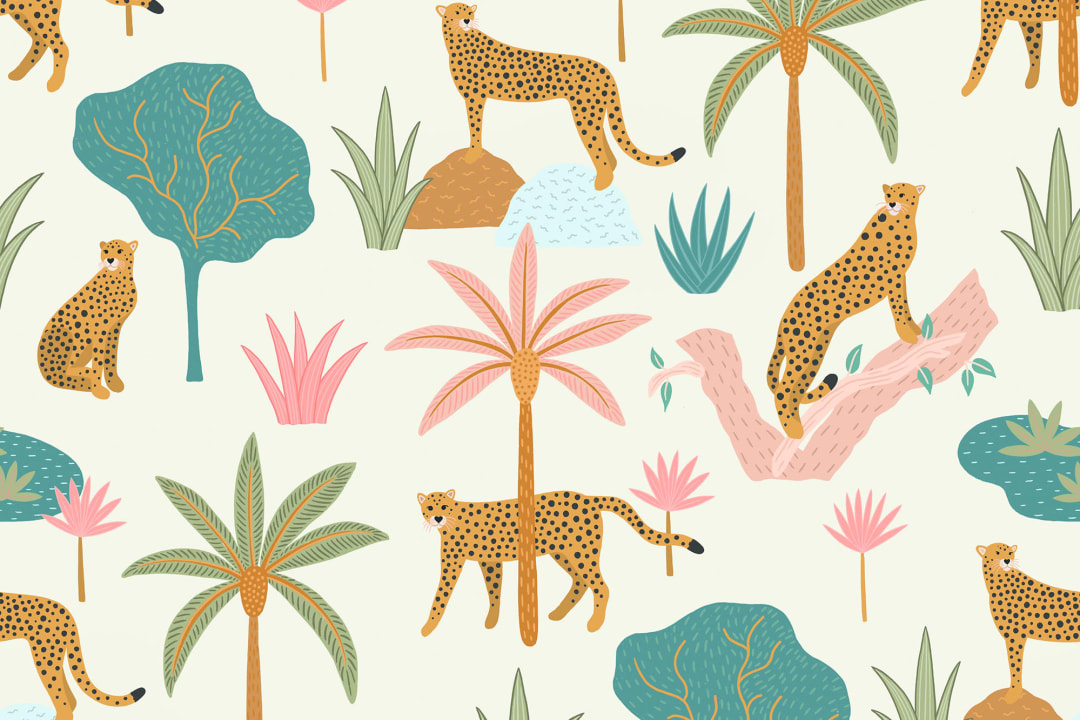 Colourful Tropical Cheetah Big Cat Repeat Pattern Wallpaper