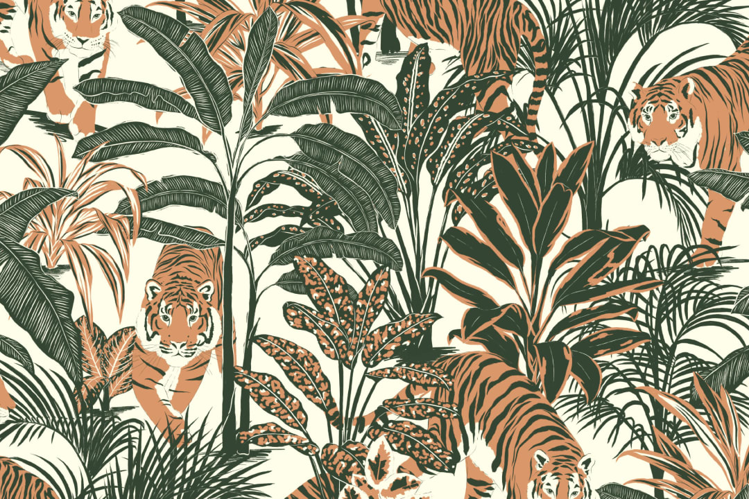 Tropical Tiger Jungle Plants Repeat Pattern Wallpaper
