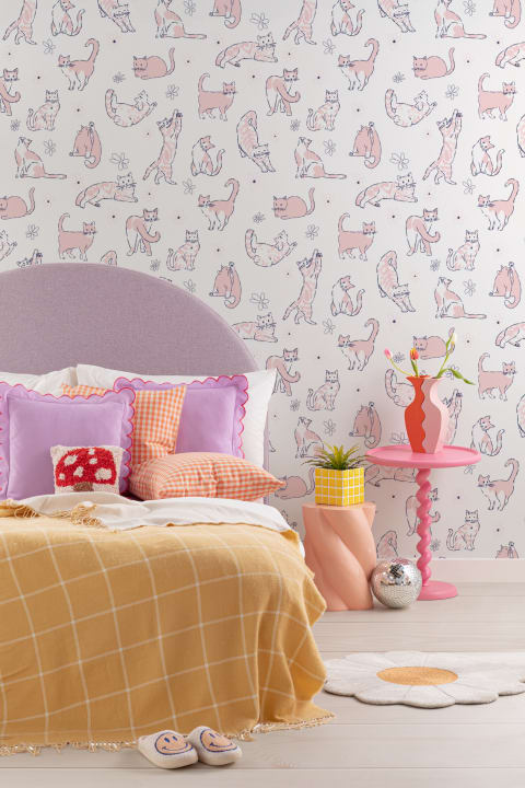 Verspielte rosa Katzen Kinderzimmer-Fototapete im Tierdesign