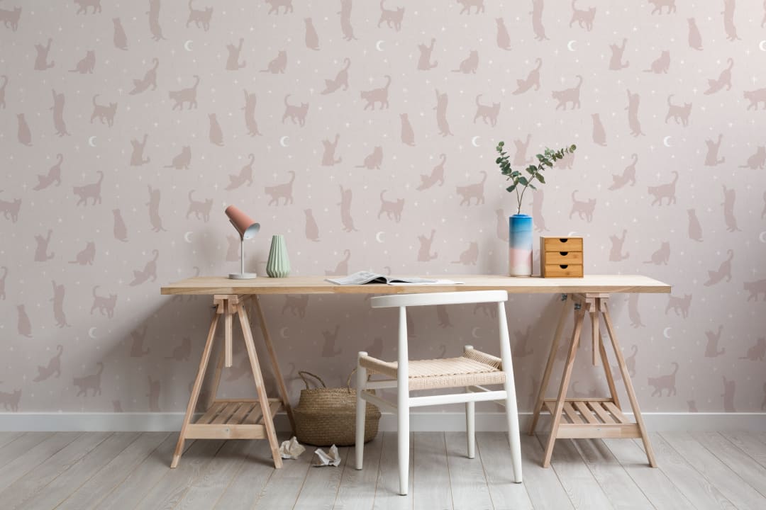 Mural de papel pintado Gato rosa Luna y estrellas
