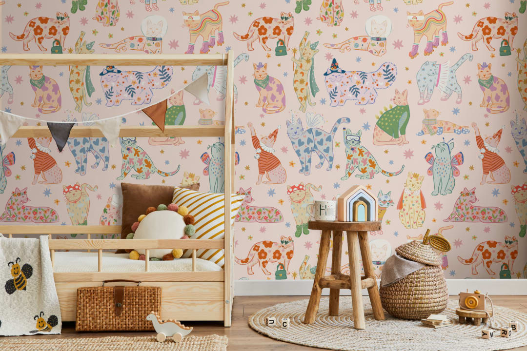 Pink Cats in Outfits Print Mural