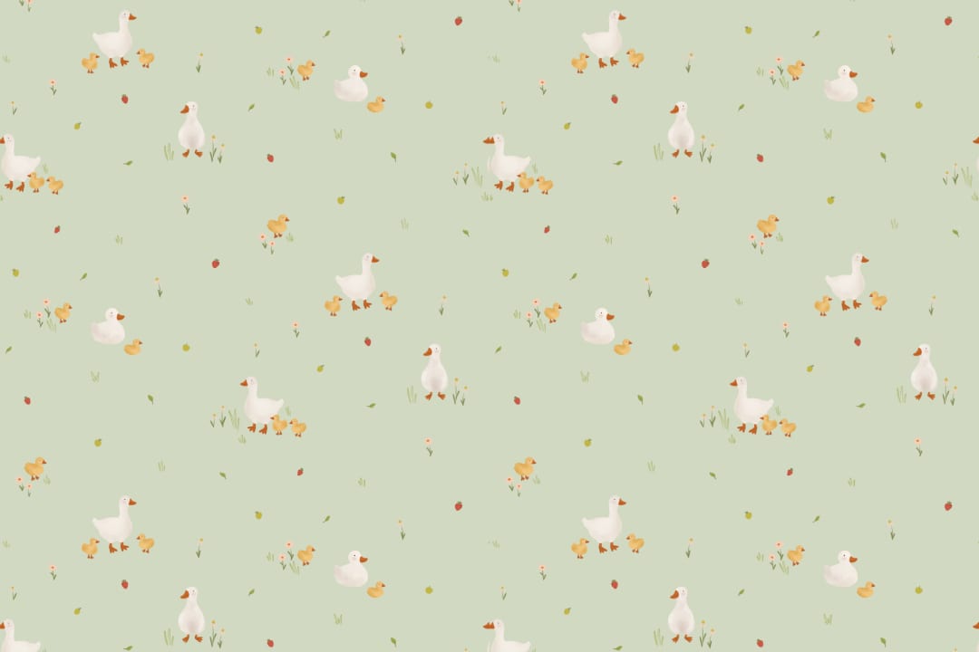Green Cute Beige Duck & Ducklings Print Wallpaper