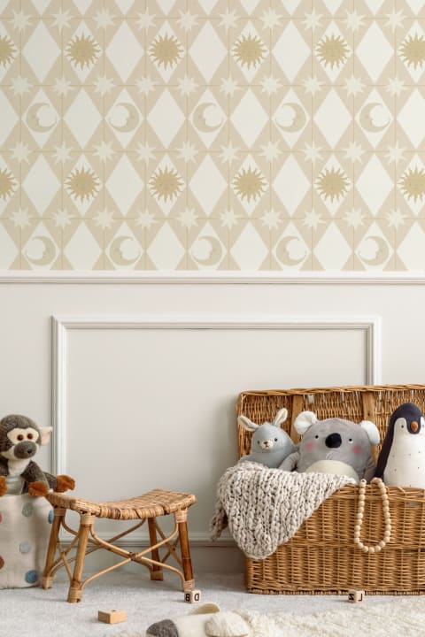 Papier peint panoramique enfant géométrique céleste beige pour une ambiance douce