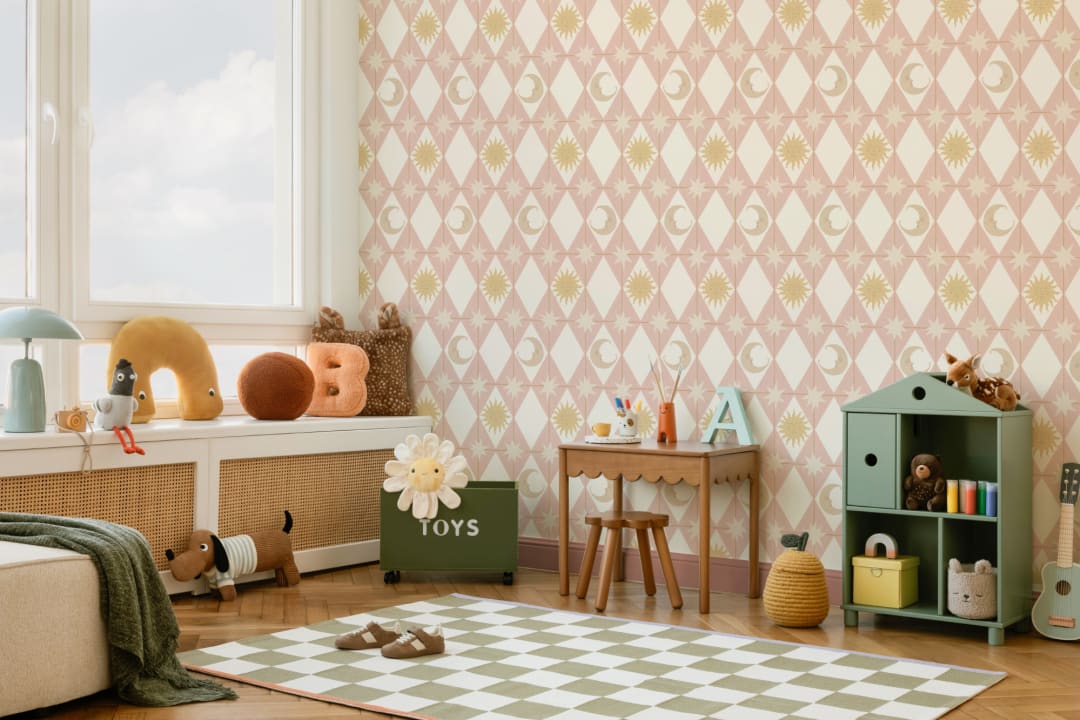 Papier peint panoramique enfant paysage de rêve céleste géométrique rose