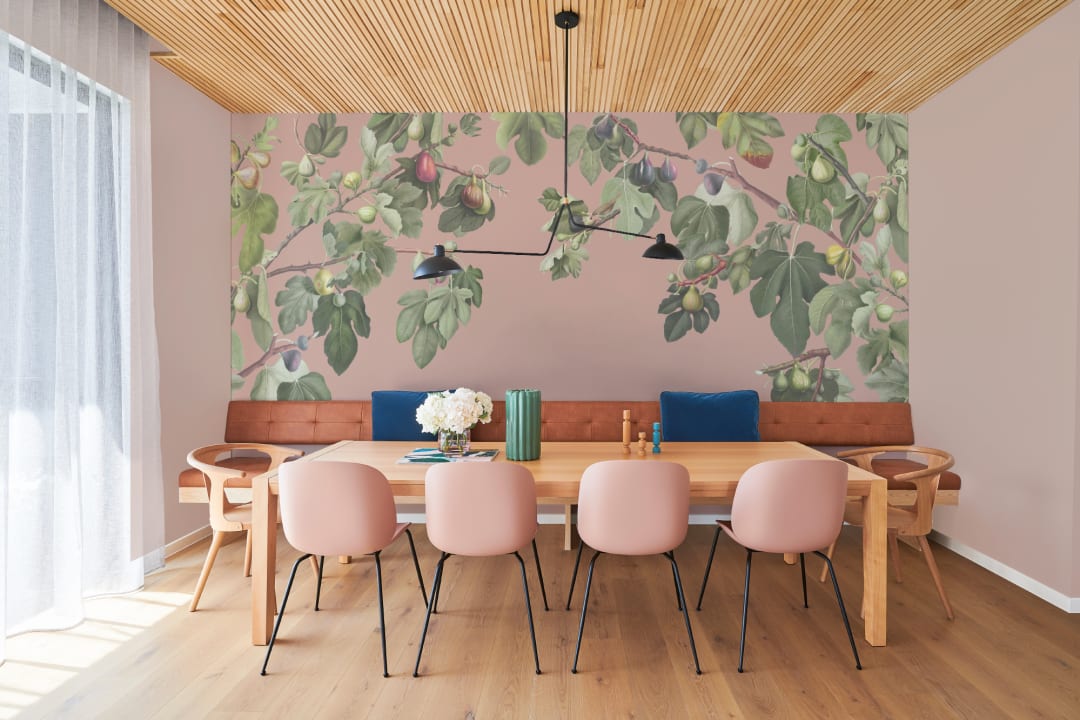 Vintage Fig Plant Botanisk Illustration Mural-tapeter på rosa bakgrund