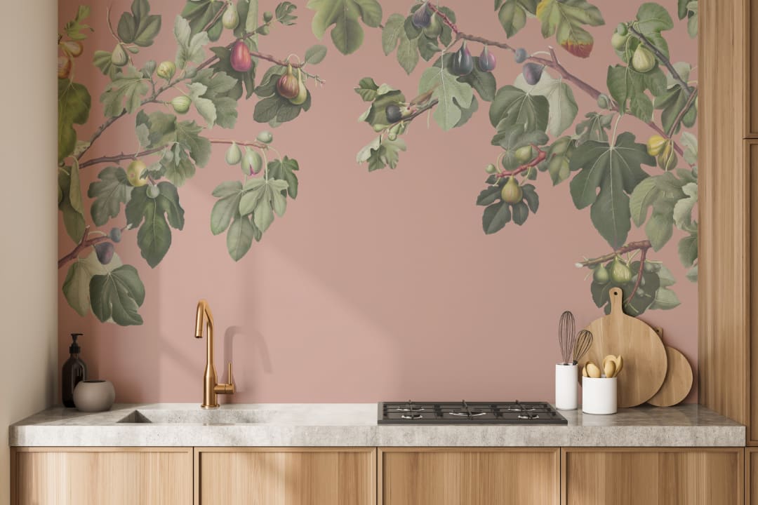 Vintage Fig Plant Botanical Illustration Wall Mural on Pink Background