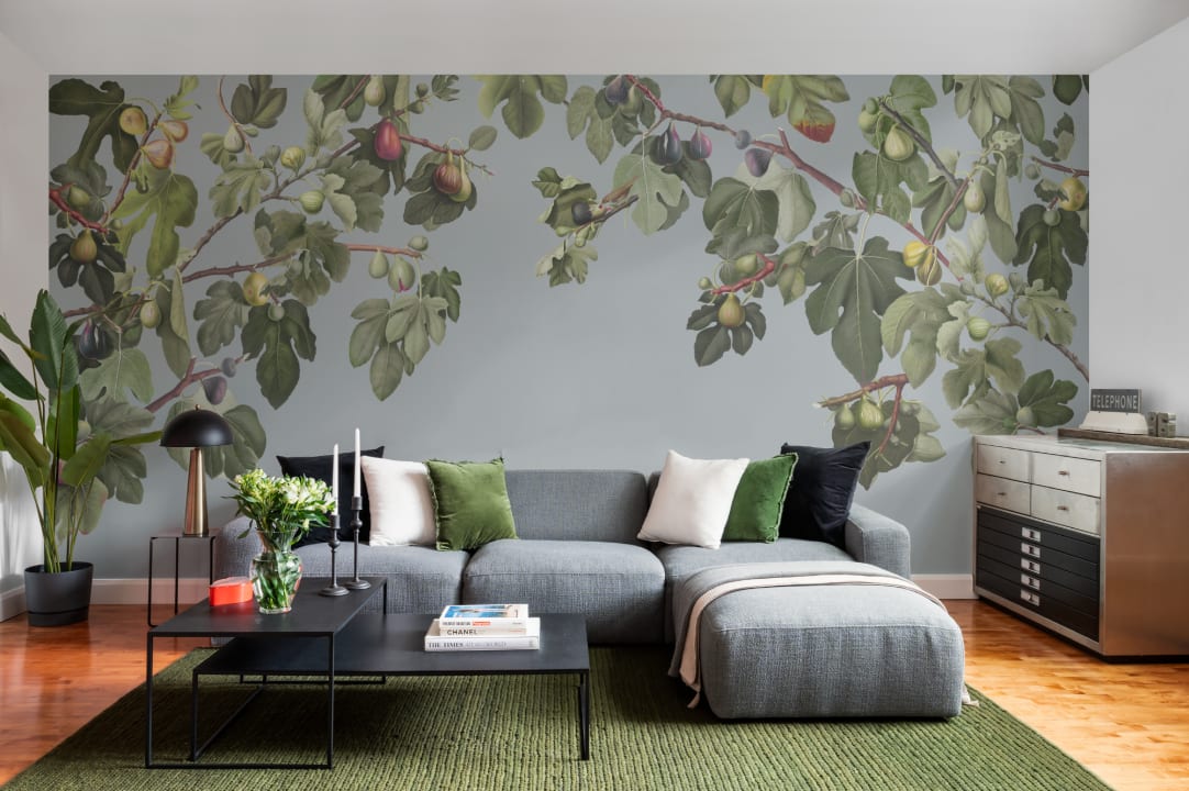 Vintage Fig Plant Botanisk Illustration Mural-tapeter på blå bakgrund