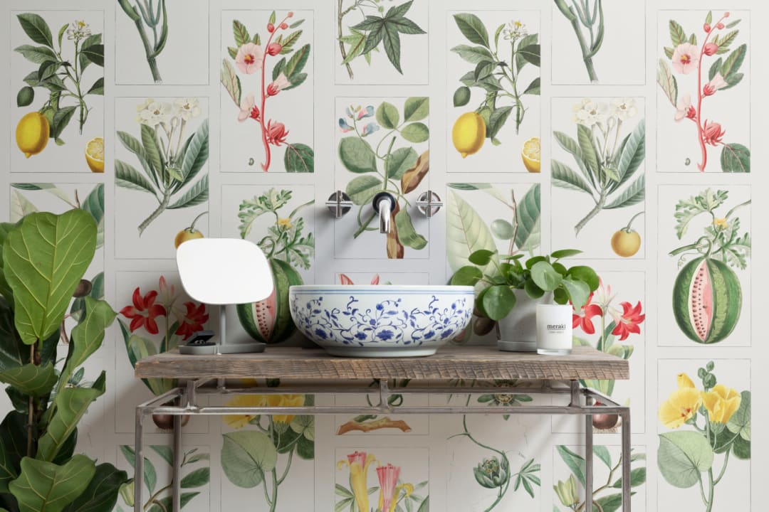 Botaniska frukter och blommor Kakelmönster Fototapet