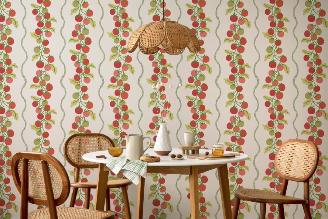 Beige, botanisk, stribet fototapet med vinranker og tomater