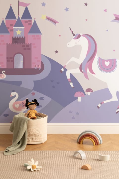Papier Peint Panoramique Rose avec Licorne et Château de Conte de Fées