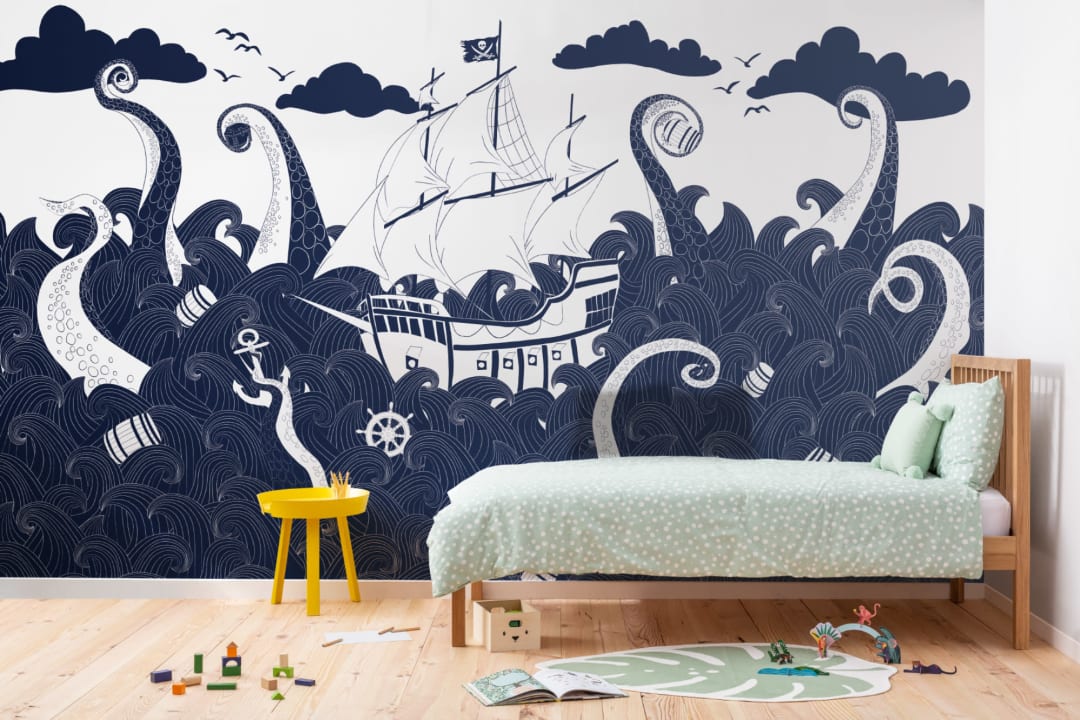 Dark Blue Pirate Ship Wallpaper Mural