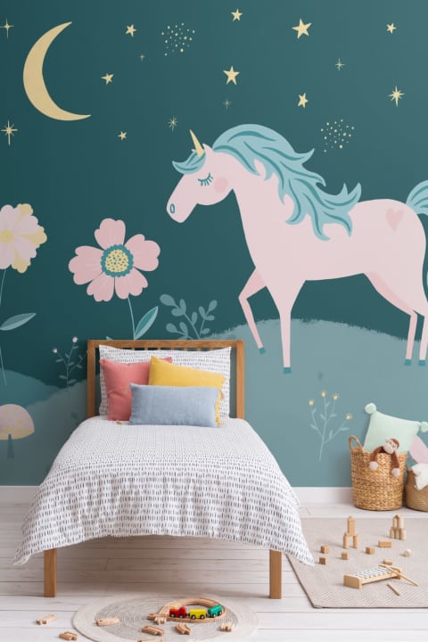 Carta da Parati per Bambini con Unicorno Stelle e Fiori