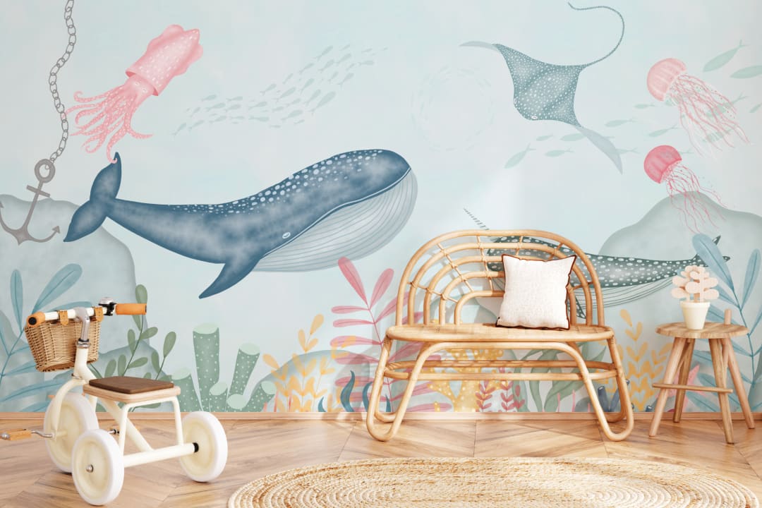 Papier Peint Panoramique Baleine Fond Marin en Aquarelle pour Enfants