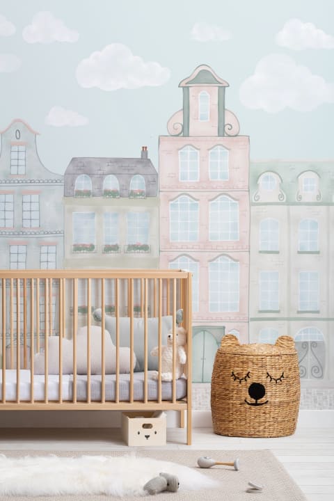 Pastel akvarel børn bylandskab tapet vægmaleri