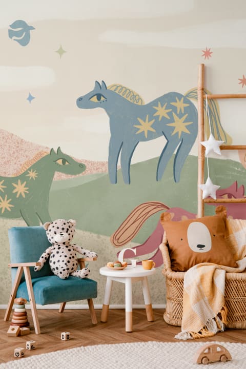 Carta da parati per bambini con fantasia celestiale multicolore