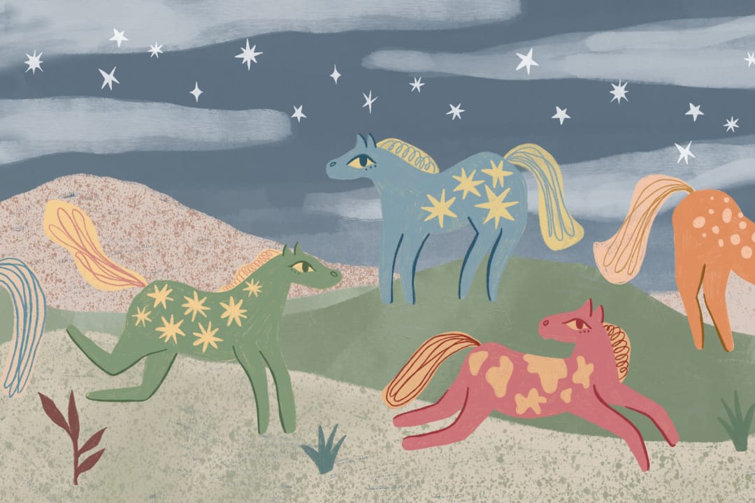 Mural infantil multicolor de aventuras con caballos fantásticos
