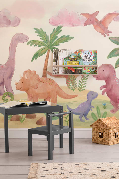 Carta da parati paradiso dei dinosauri pastello per bambini per un'avventura piena di gioia