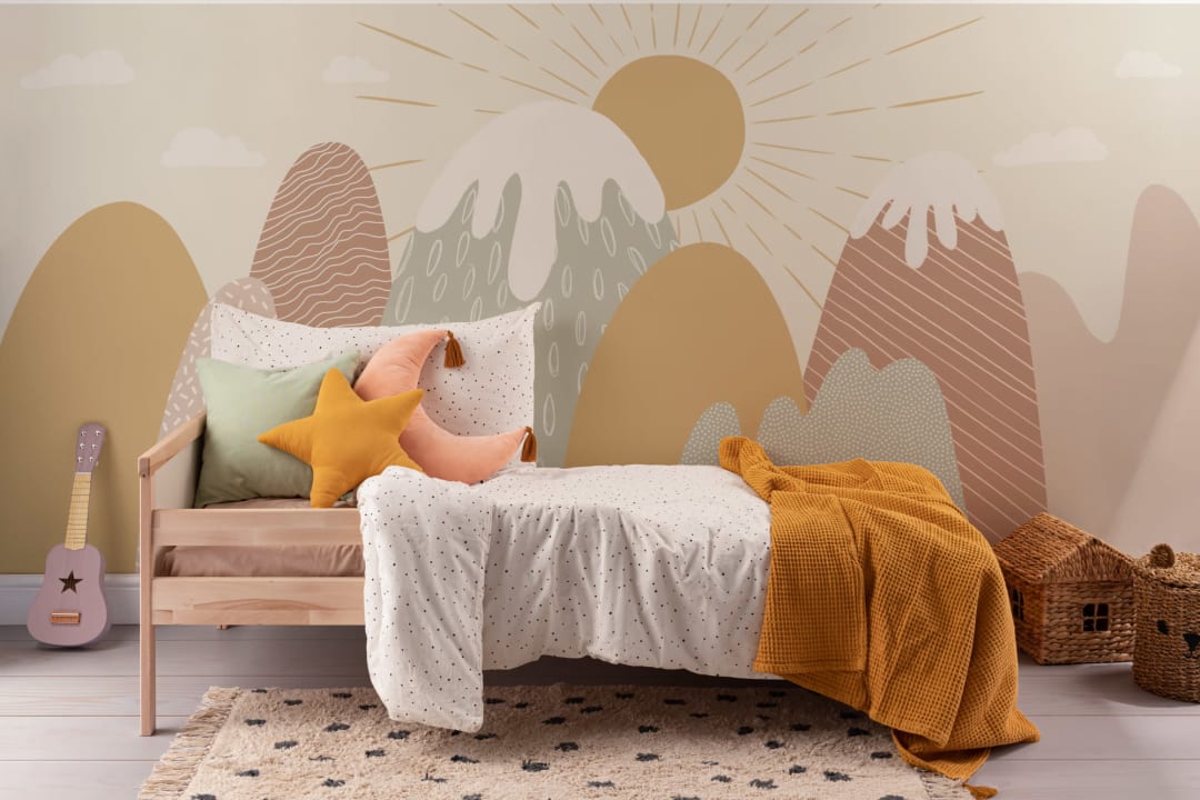 Murale per bambini Boho con montagne innevate