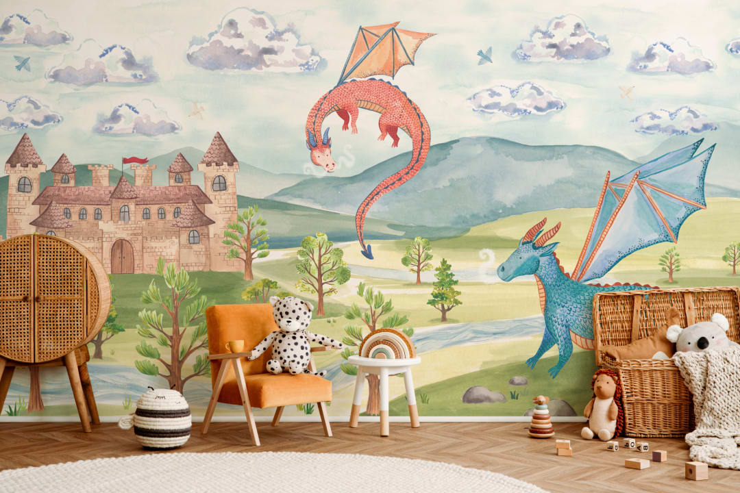Kids Watercolor Dragons & Castle Mural