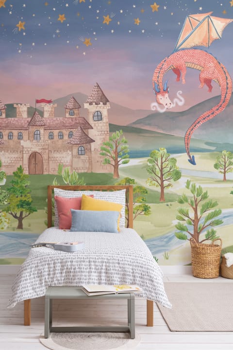 Kids Starry Sky Watercolor Dragons & Castle Mural