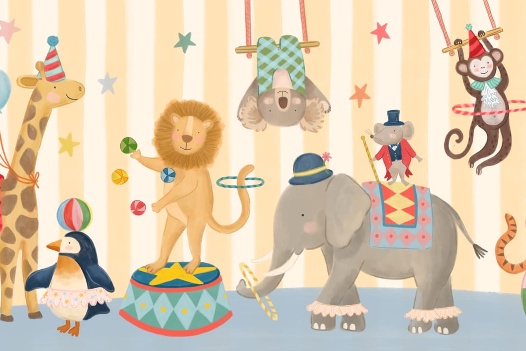 Kids Yellow Stripe Animal Circus Show Mural