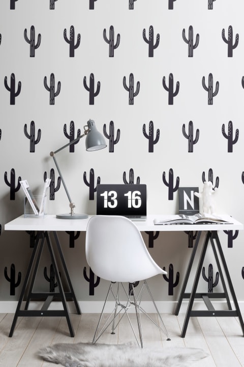 Saguaro Cactus Black & White Repeat Pattern Wallpaper