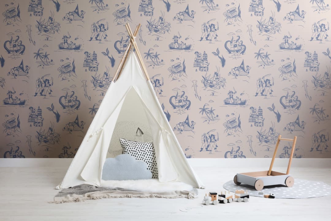 Blue Pirate Ship & Treasure Pattern Wallpaper Mural
