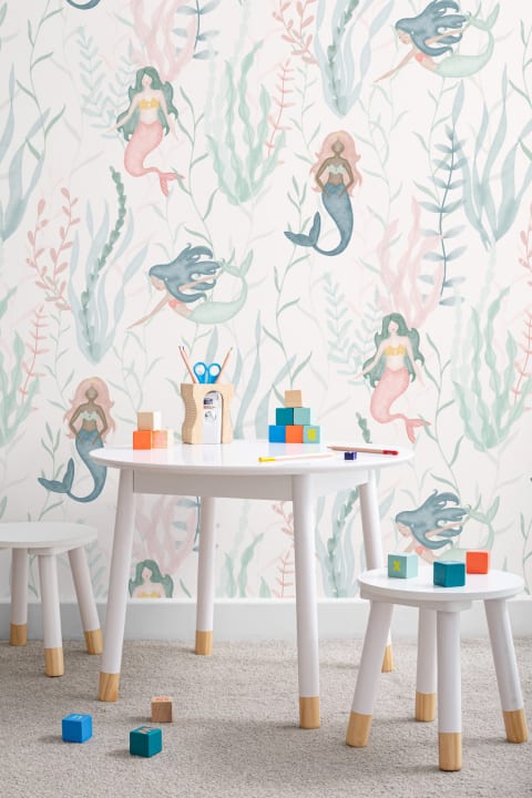 Pastel Watercolor Mermaid Modern Repeat Pattern Wallpaper