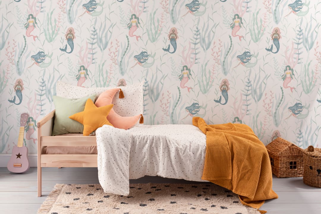 Pastel Watercolor Mermaid Modern Repeat Pattern Wallpaper