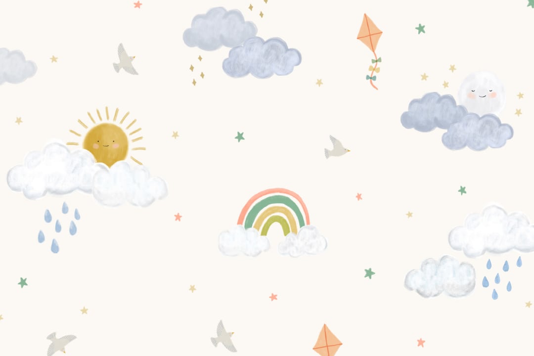 Hand Drawn Sun, Clouds & Rainbow Print Wallpaper
