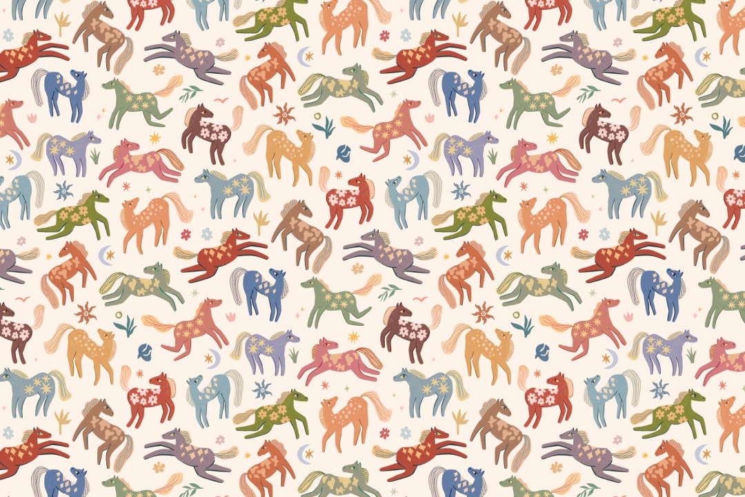 Multicolor Pony Whimsy fototapet med sjove dyr til børn