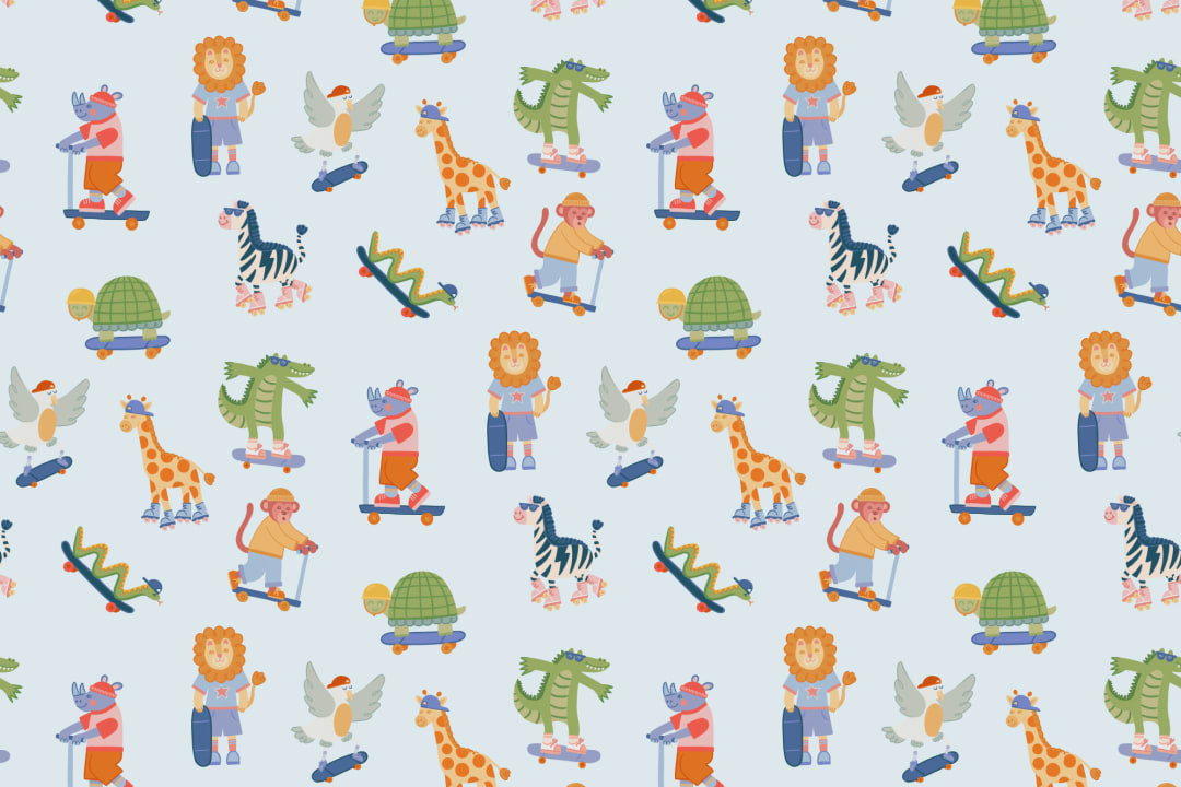 Kids' Multicolor Skateboarding Animal Adventure Mural