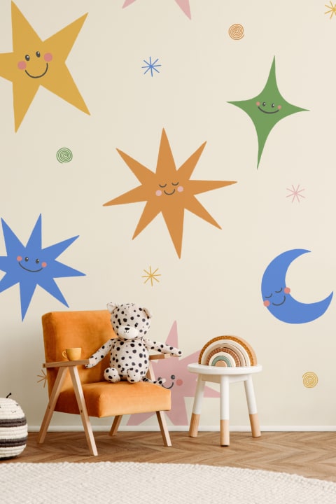 papier peint panoramique multicolore céleste pour enfant, amusant et ludique