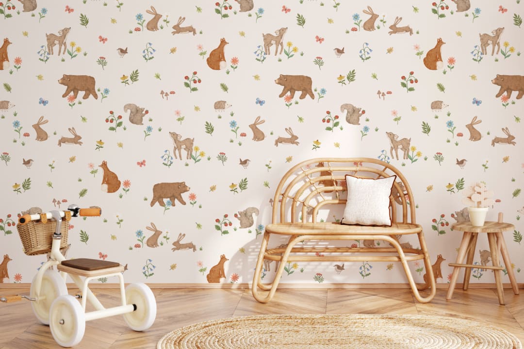 Beige Kids Cute Woodland Animals Mural