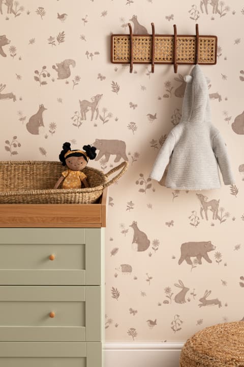 Papier peint panoramique beige Animaux mignons de la forêt pour enfants
