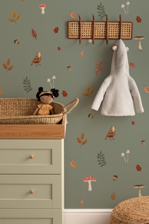 Kids Green Woodland Birds, Mushroom & Leaves Mural