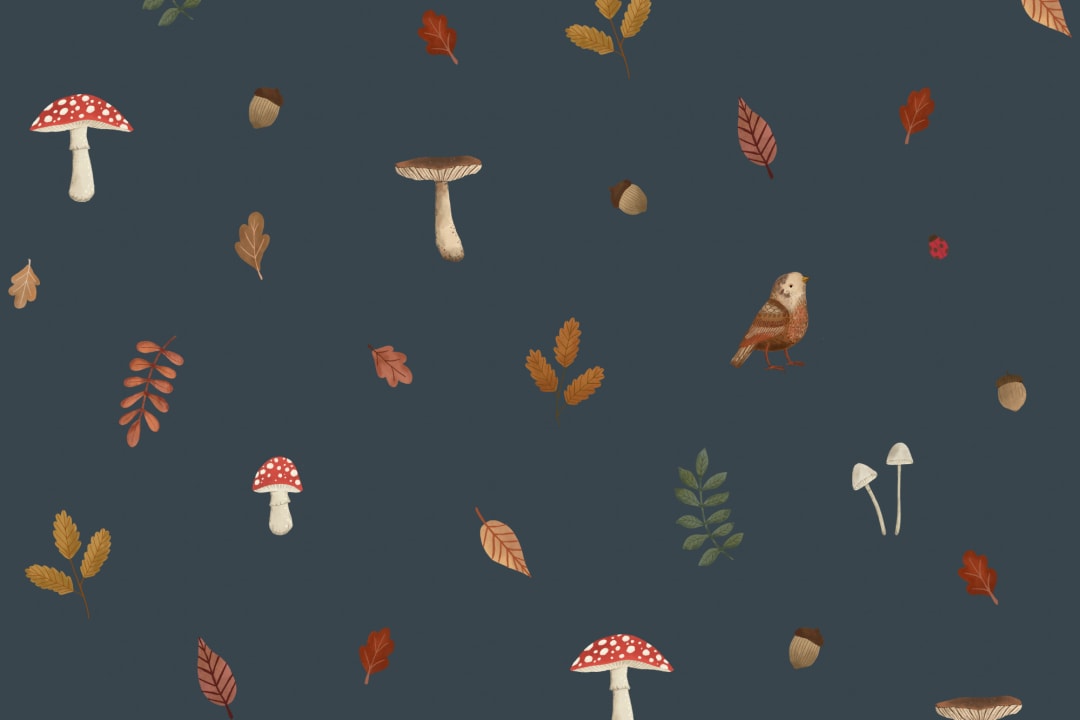 Kids Blue Woodland Birds, Mushroom & Leaves Mural