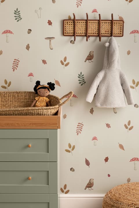 Kids Beige Woodland Birds, Mushroom & Leaves fototapet