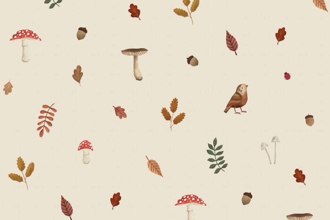 Kids Beige Woodland Birds, Mushroom & Leaves fototapet