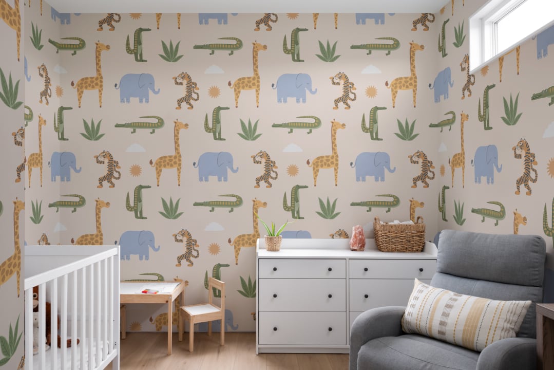 Beige Kids Playful Jungle Animals Mural