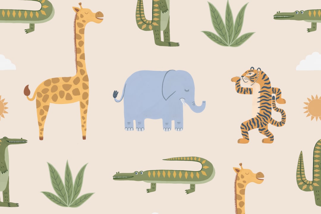 Beige Kids Playful Jungle Animals Mural