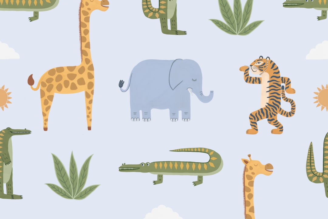 Blue Kids Playful Jungle Animals Mural