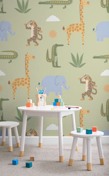 Green Kids Playful Jungle Animals Mural
