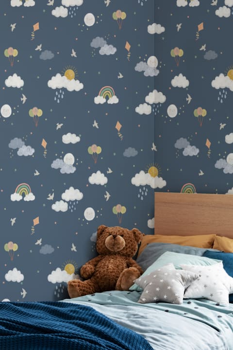 Dark Blue Hand Drawn Sun, Clouds & Rainbow Print Wallpaper