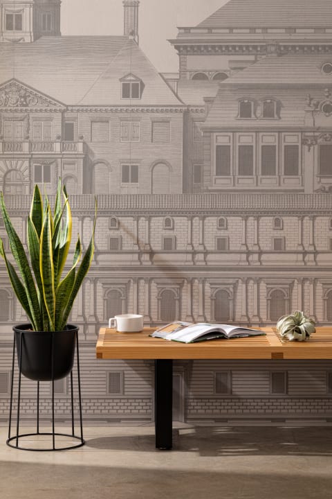Classical Architectural Etching Wall Mural Blueprint Design by Jan Matthysz and Pieter Jansz Post in Grey