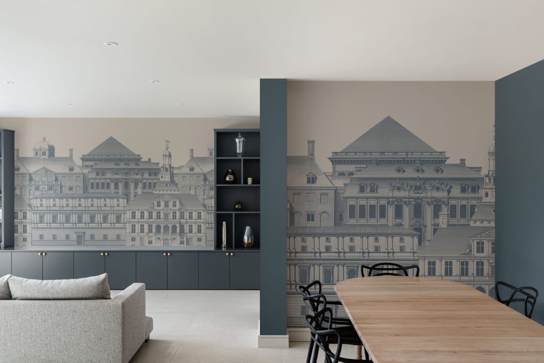 Classical Architectural Etching Wall Mural Blueprint Design by Jan Matthysz and Pieter Jansz Post in Navy Blue